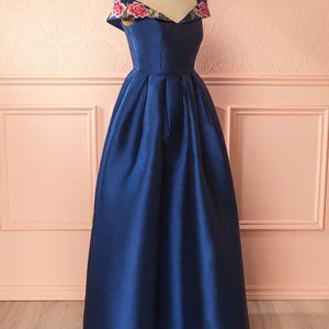 Navy Blue Off-Shoulder Satin Gown